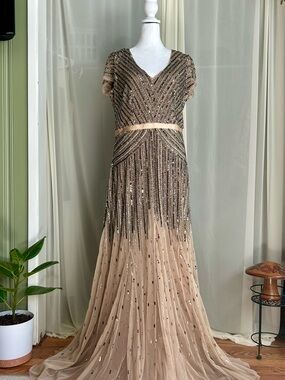 Adrianna Papell V-Neck beaded Evening Gown in Beige